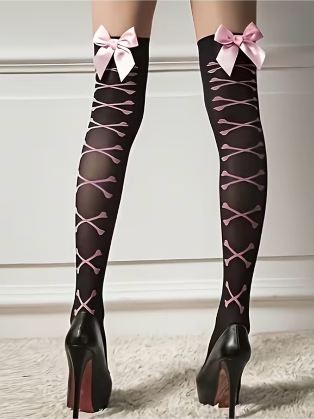 Black Thigh-High Socks with Pink Bow and Lace-Up Detail